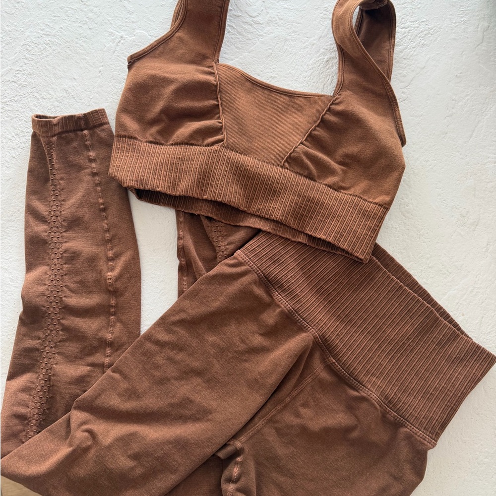 FP Movement Good Karma Leggings & sports bra in chocolate